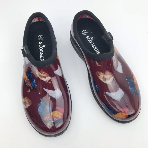 Sloggers Maroon Red Chicken Print Waterproof Rubber Slip On Loafers - Picture 3 of 15